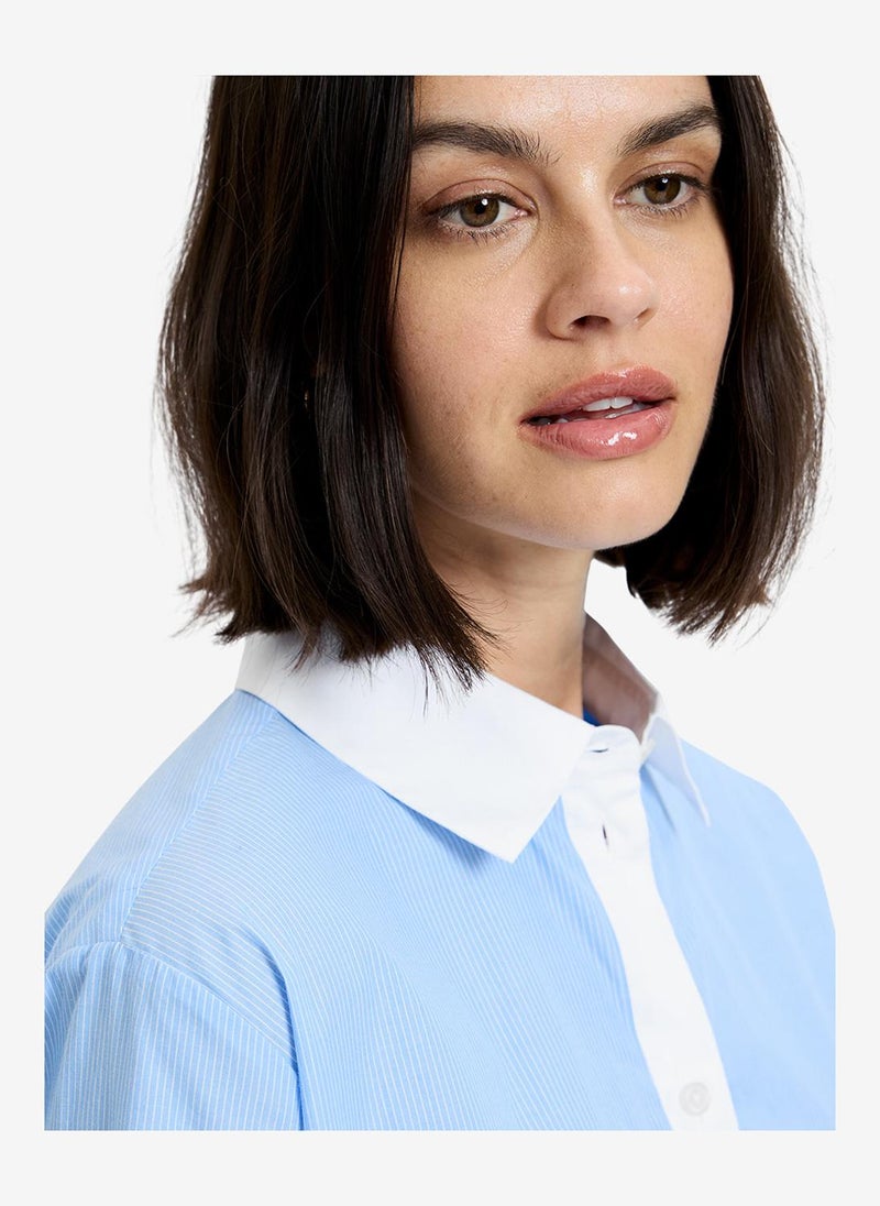 French Connection Women's Blue Hydrangea-Summe Poplin Ticking Contrast Button Down Shirt - Image 3