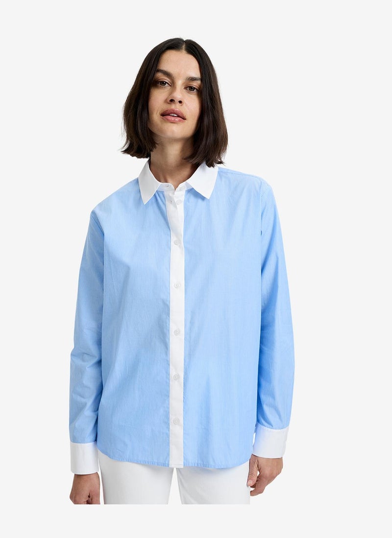 French Connection Women's Blue Hydrangea-Summe Poplin Ticking Contrast Button Down Shirt - Image 1