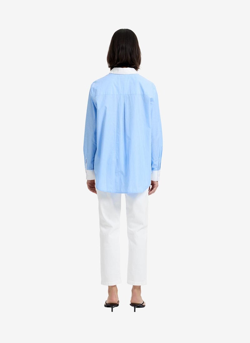 French Connection Women's Blue Hydrangea-Summe Poplin Ticking Contrast Button Down Shirt - Image 5