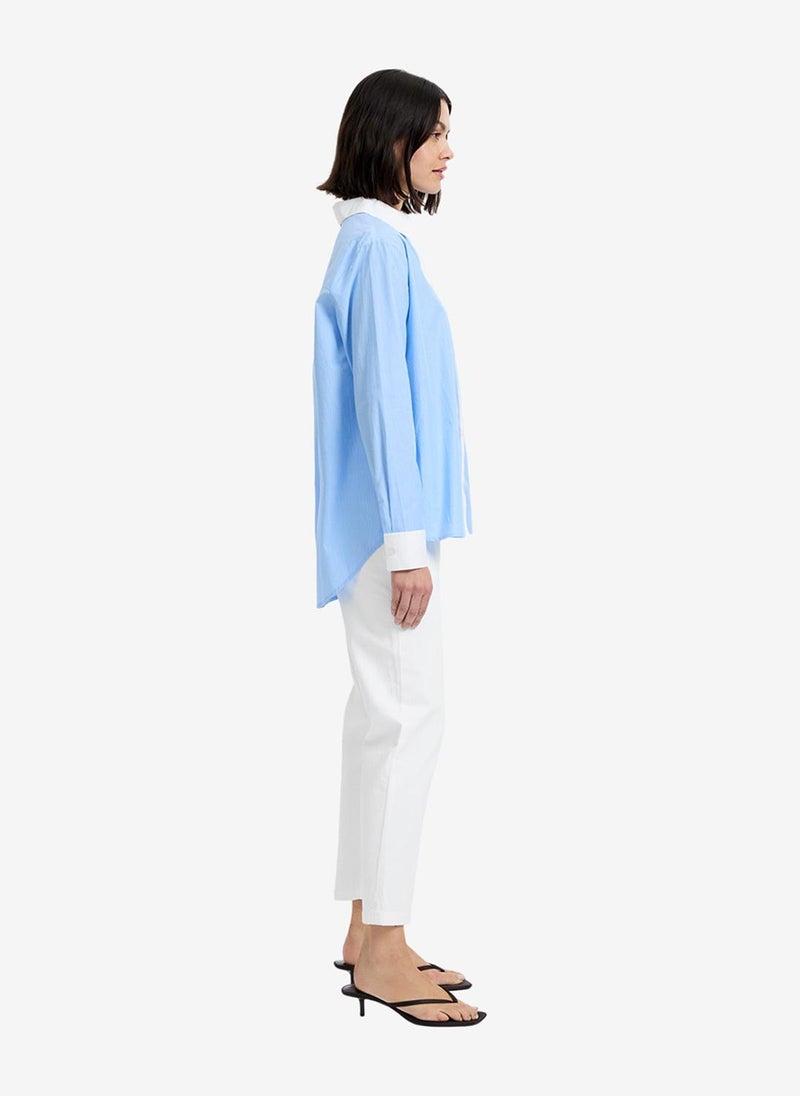 French Connection Women's Blue Hydrangea-Summe Poplin Ticking Contrast Button Down Shirt - Image 4