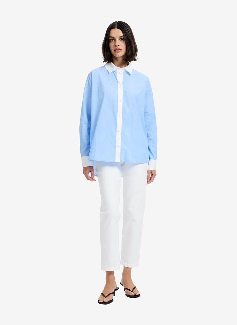 French Connection Women's Blue Hydrangea-Summe Poplin Ticking Contrast Button Down Shirt - Image 2