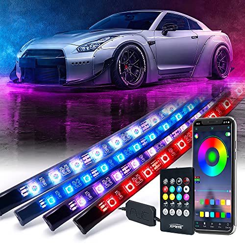 Xprite 4Pcs Underglow LED Lights for Cars, 8 Color RGB 252 LEDs Sound Active Function Music Mode Underglow Kit, Bluetooth APP & Remote Control, Waterproof Underbody Neon Strip Light for Car SUV Truck - Image 1