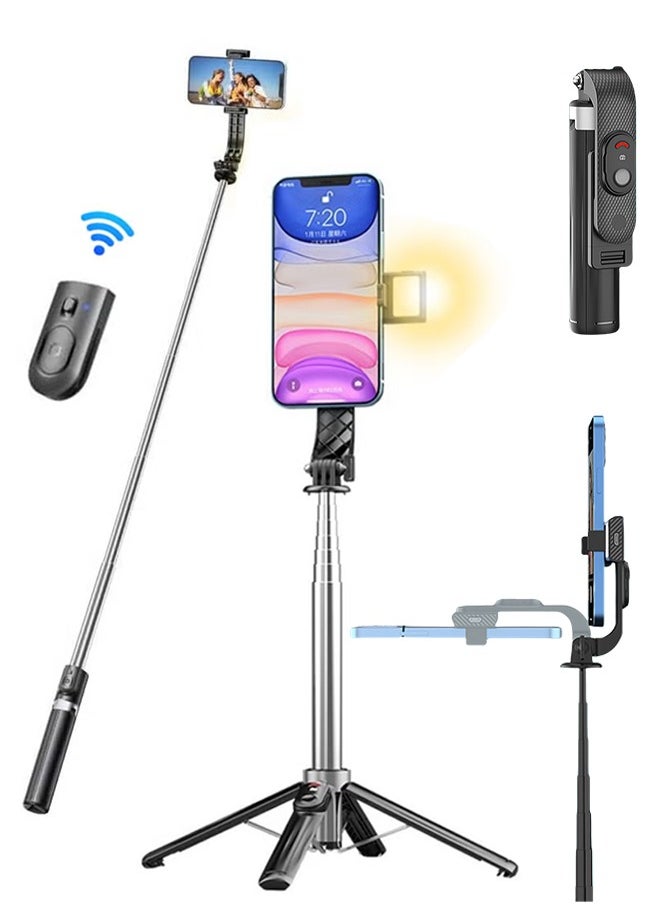 Generic Bluetooth Mobile Phone Selfie Extension Rod, Selfie Rod With Quadripod, Foldable Mobile Phone Selfie Rod With Fill Light, Aluminum Alloy Live Mobile Phone Holder Can Be Extended To 1 Meter, Compatible With Iphone, Samsung, Huawei  - Image 1