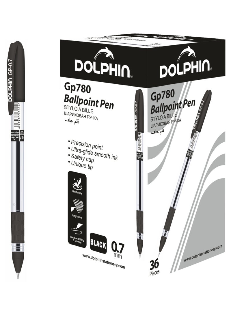 Dolphin GP780 Ball Pen – 0.7mm Tip, Smooth Writing, Pack of 36 – Black 