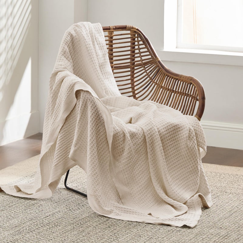Bedsure Gentlesoft 100% Cotton Throw Blanket for Couch 50x70 inches - Breathable and Soft for Spring Summer, Waffle Weave Throw Blanket for Office, Light Beige - Image 3