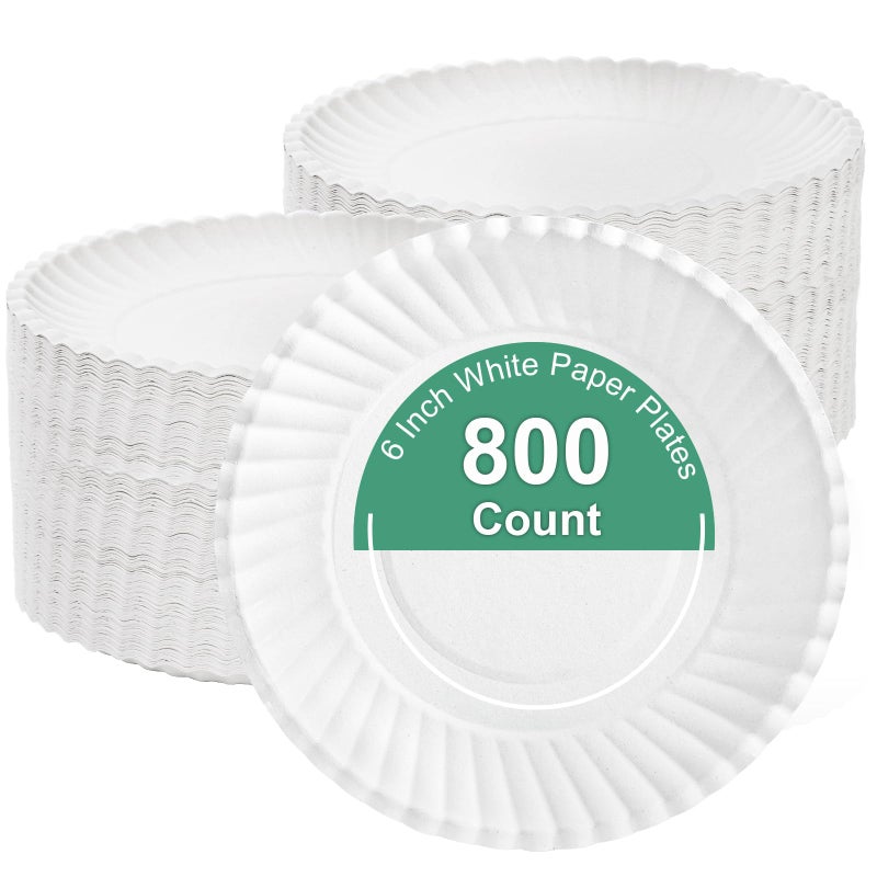 Hacaroa 800 Pack 6 Inch Paper Plates Uncoated  Disposable Dessert Plates Bulk Cat Food Tray  Small White Cake Plates for Appetizer  Cupcake  Craft Project  Round - Image 1