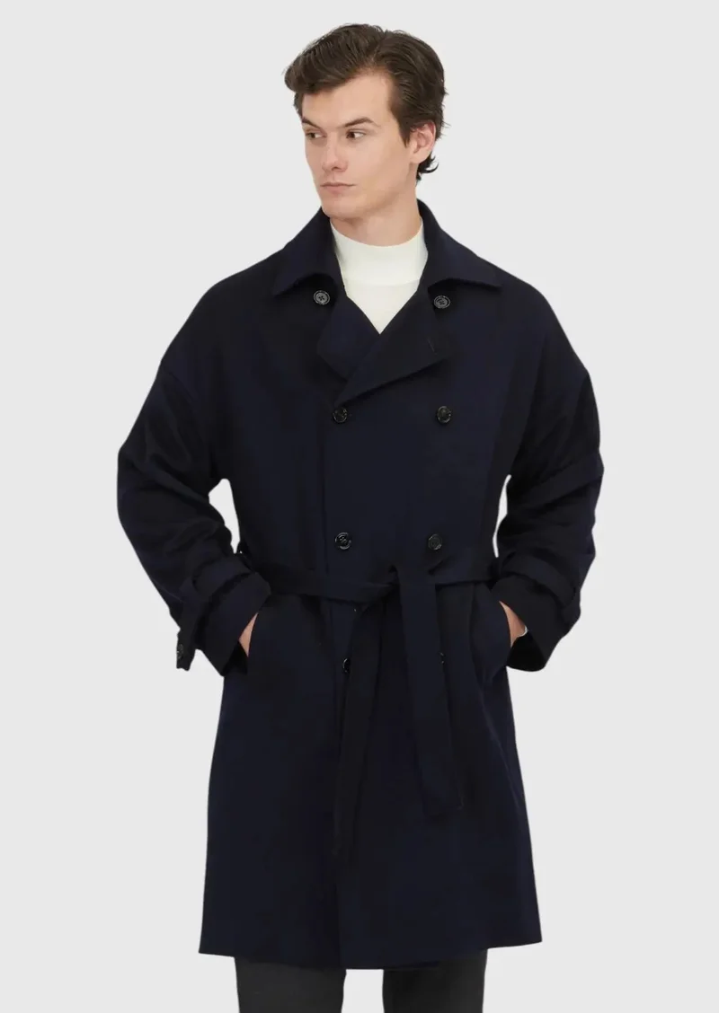 RAMSEY Navy Blue Oversize Fit Casual Weaving Overcoat