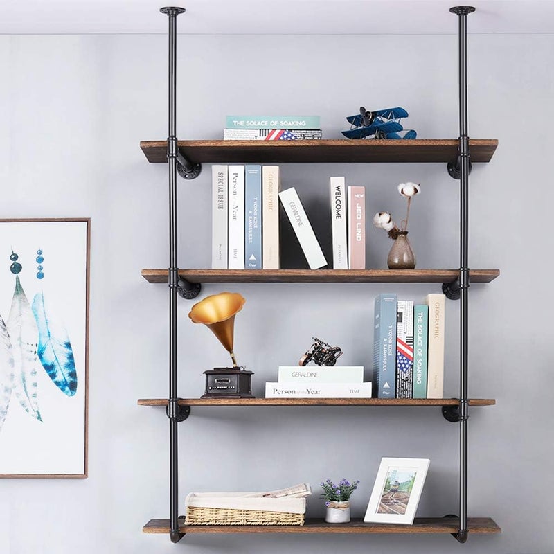 ليانترال رف أنابيب حديدية صناعي مثبت على الحائط من LIANTRAL، رف كتب مفتوح DIY، أرفف تخزين رجعية، حامل تعليق أنابيب (4 طبقات ×2، أسود) - Image 2