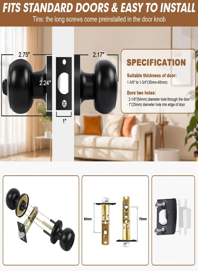 RAZCC Privacy Door Knobs, 8 Pack Matte Black Door Knobs with Lock, Bed and Bath Door Knob Interior Keyless Locksets, Round Door Handles Reversible for Left Right Handed Doors - Image 4