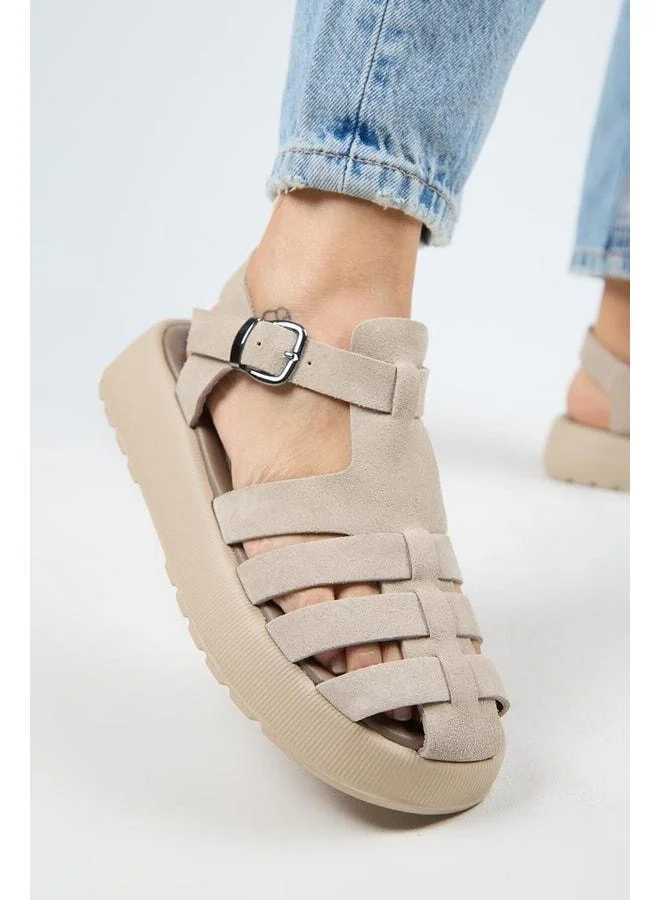 Rosa Women's Genuine Leather Buckle Beige Sandal.