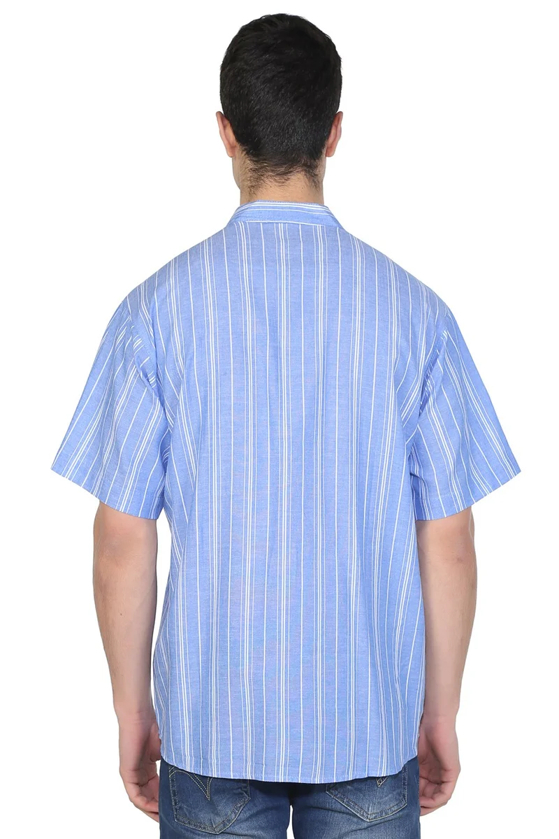 Eliş Şile Bezi Kısa Kol Şile Bezi Tek Cepli Hakim Yaka Erkek Tshirt Mavi Beyaz Çizgili 3019