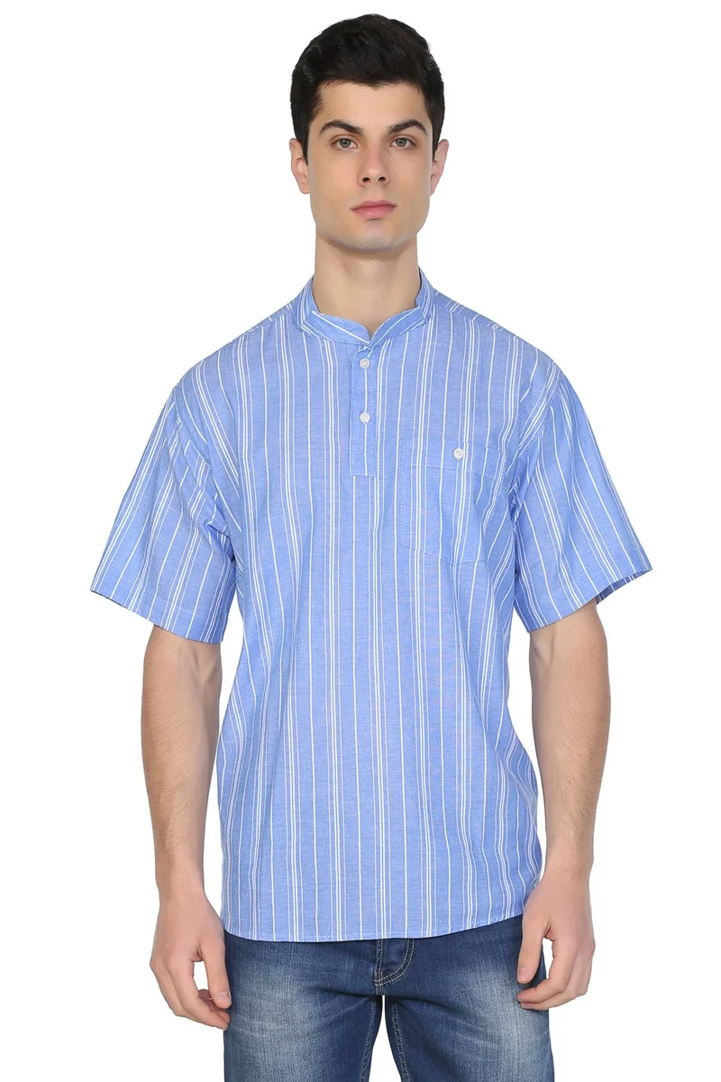 Eliş Şile Bezi Kısa Kol Şile Bezi Tek Cepli Hakim Yaka Erkek Tshirt Mavi Beyaz Çizgili 3019
