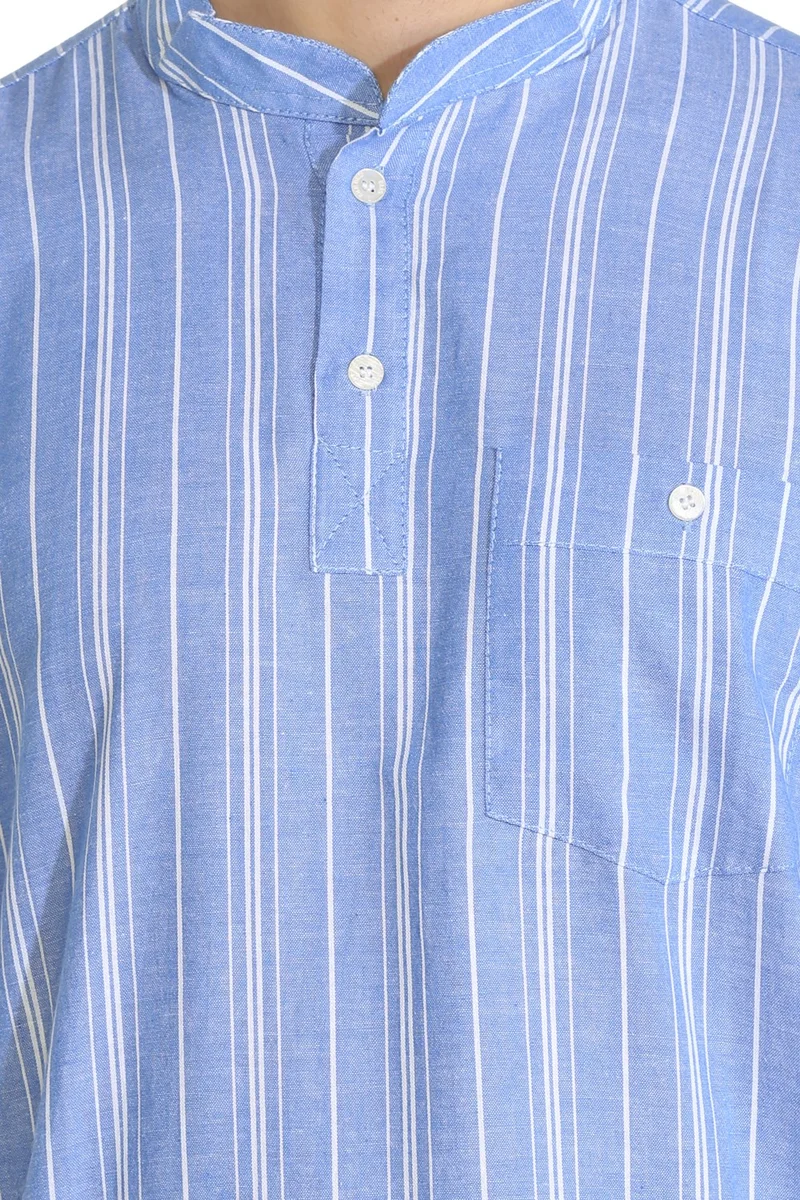 Eliş Şile Bezi Kısa Kol Şile Bezi Tek Cepli Hakim Yaka Erkek Tshirt Mavi Beyaz Çizgili 3019
