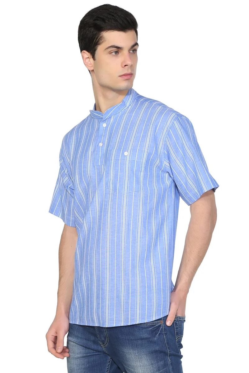 Eliş Şile Bezi Kısa Kol Şile Bezi Tek Cepli Hakim Yaka Erkek Tshirt Mavi Beyaz Çizgili 3019