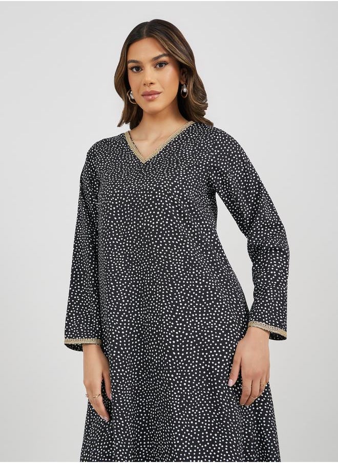 Styli - All-Over Polka Dot Print V Neck Jalabiya with Lace Trims - Image 1