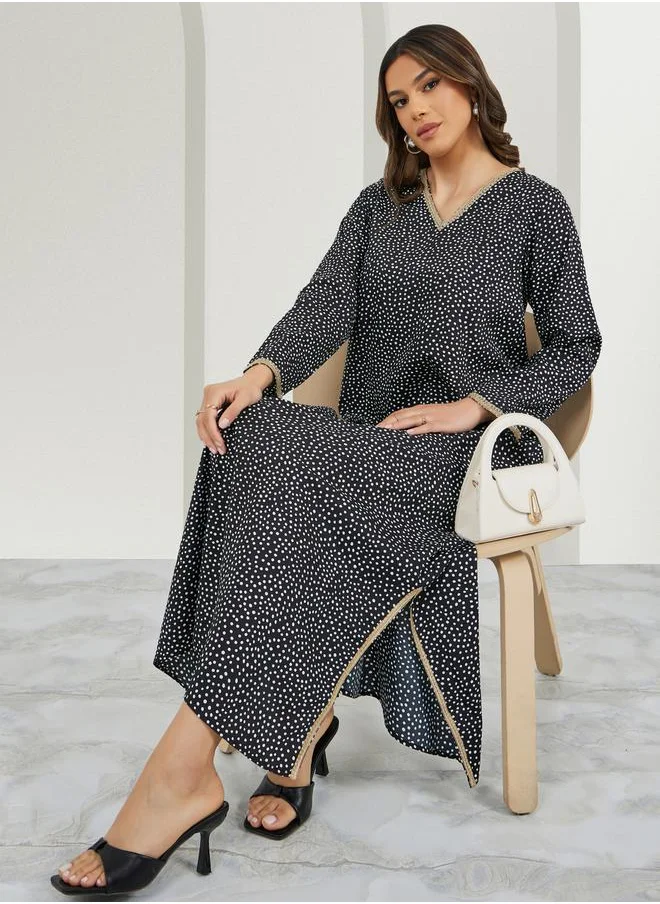 Styli All-Over Polka Dot Print V Neck Jalabiya with Lace Trims