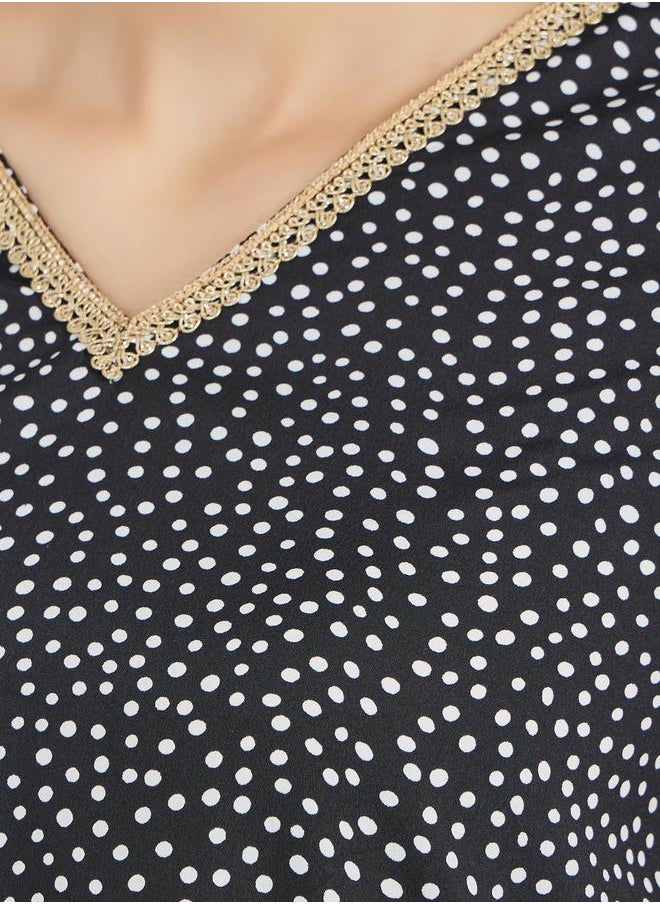 Styli - All-Over Polka Dot Print V Neck Jalabiya with Lace Trims - Image 1