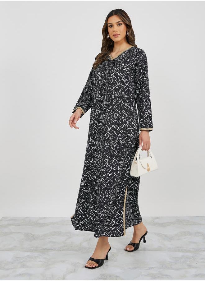 Styli - All-Over Polka Dot Print V Neck Jalabiya with Lace Trims - Image 1
