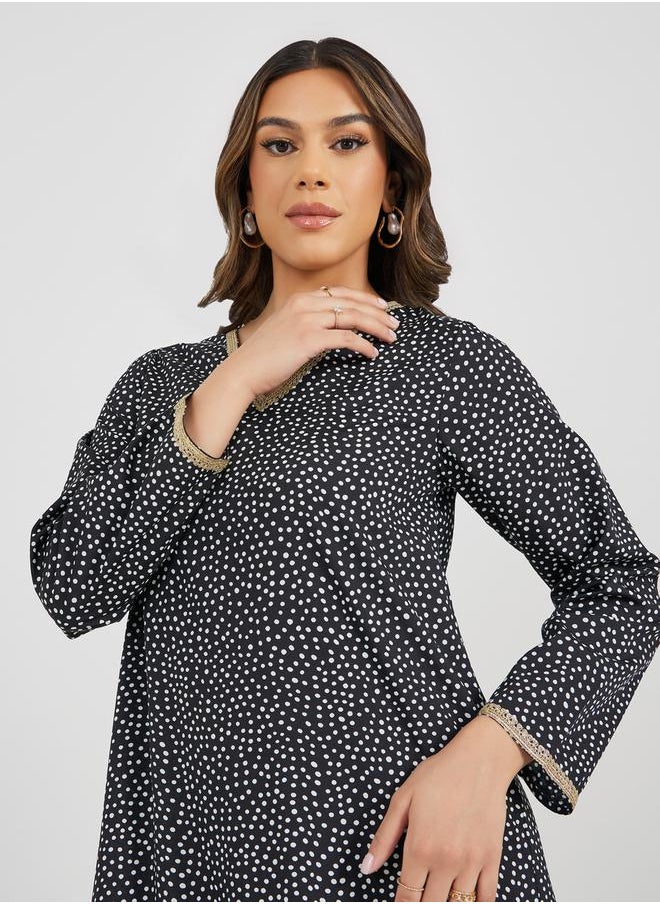 Styli - All-Over Polka Dot Print V Neck Jalabiya with Lace Trims - Image 1