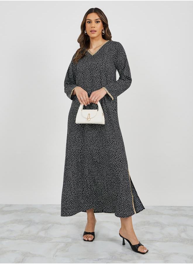 Styli - All-Over Polka Dot Print V Neck Jalabiya with Lace Trims - Image 1