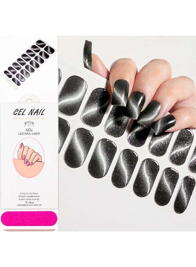 16PCS Cat Eye Glitter UV Gel Nail Stickers Semi Cured LED UV Lamp Nail Art Waterproof Long Lasting Includes Nail File Cuticle Stick and Card for DIY Nail Design Dubai Salon Party Nails - Image 1