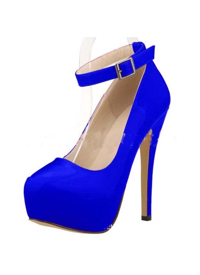 Loquat Candy-colored patent leather one-strap waterproof platform high heels 14cm Blue  - Image 1