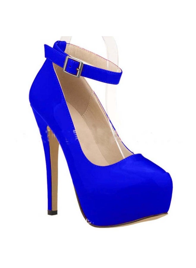 Loquat Candy-colored patent leather one-strap waterproof platform high heels 14cm Blue  - Image 2