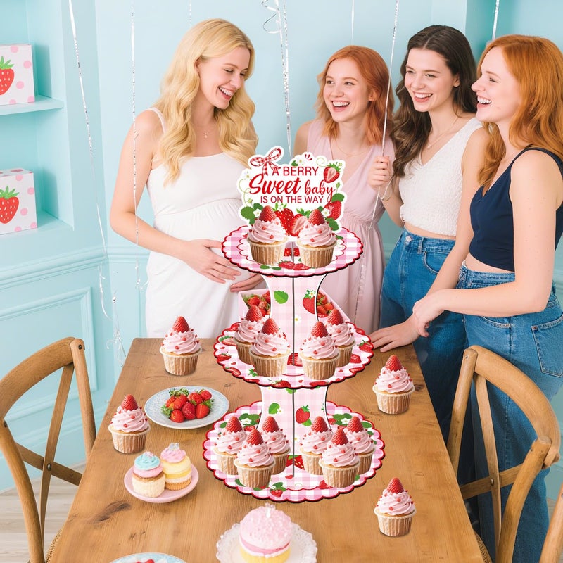 Keluna Strawberry Baby Shower Party Decorations - 3 Tier A Berry Sweet Baby is On The Way Shortcake Party Favor Supplies Sweet Berry Themed Cupcake Stand Birthday Decor for Kids Girl Decorations - Image 5