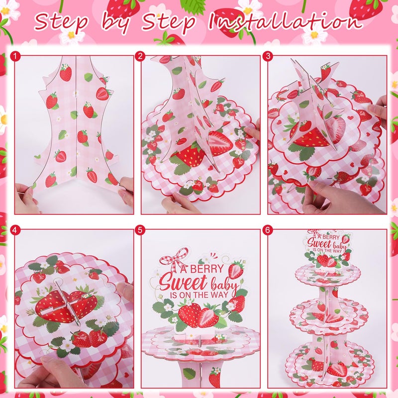 Keluna Strawberry Baby Shower Party Decorations - 3 Tier A Berry Sweet Baby is On The Way Shortcake Party Favor Supplies Sweet Berry Themed Cupcake Stand Birthday Decor for Kids Girl Decorations - Image 4