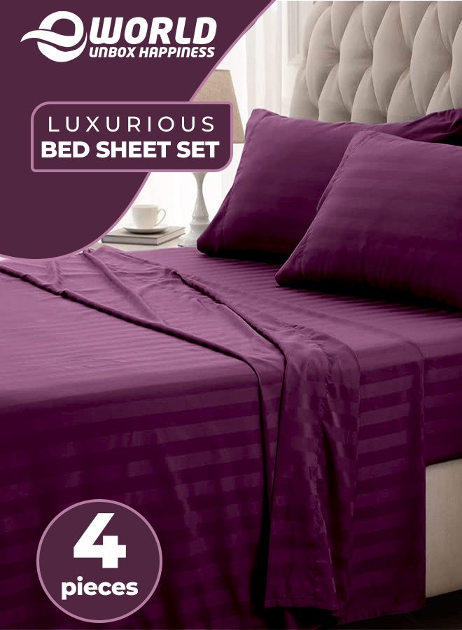 Eworld 4-Piece Luxury King Size Purple Striped Bedding Set Includes 1 Duvet Cover (220x240cm), 1 Fitted Bed Sheet (200x200+30cm), and 2 Pillow Cases (48x74+5cm) for Ultimate Hotel-Inspired Sophistication - Image 1