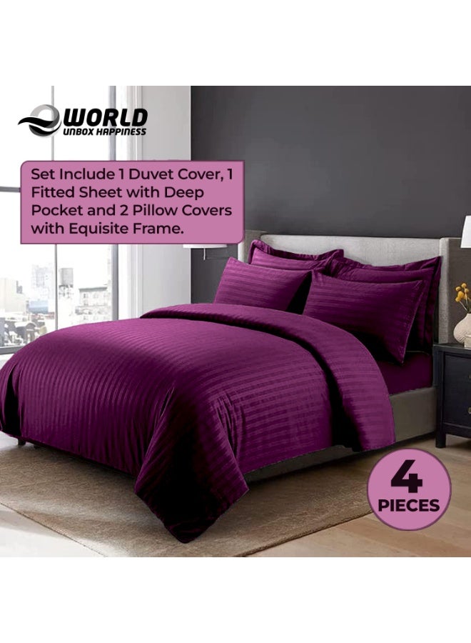 Eworld 4-Piece Luxury King Size Purple Striped Bedding Set Includes 1 Duvet Cover (220x240cm), 1 Fitted Bed Sheet (200x200+30cm), and 2 Pillow Cases (48x74+5cm) for Ultimate Hotel-Inspired Sophistication - Image 5