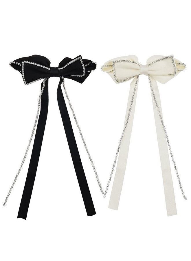 DonLeeving 2 Pack Hair Bows Sparkly Rhinestone Tassel Hair Clips Barrettes Bowknot With Long Brocade Tassel Ribbon Claw Hair Accessories For Women And Girls (Black And White)  - Image 2