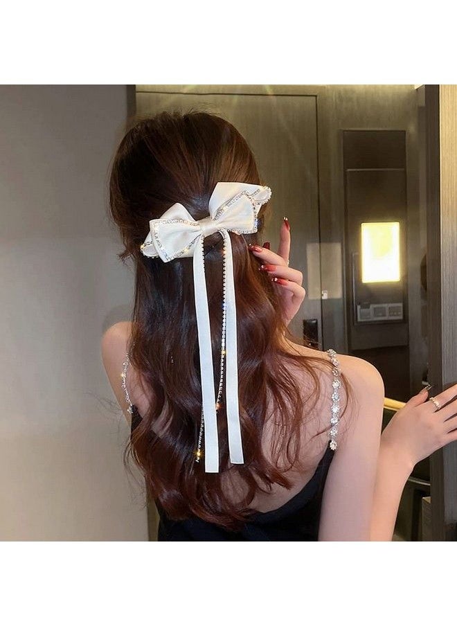 DonLeeving 2 Pack Hair Bows Sparkly Rhinestone Tassel Hair Clips Barrettes Bowknot With Long Brocade Tassel Ribbon Claw Hair Accessories For Women And Girls (Black And White)  - Image 5