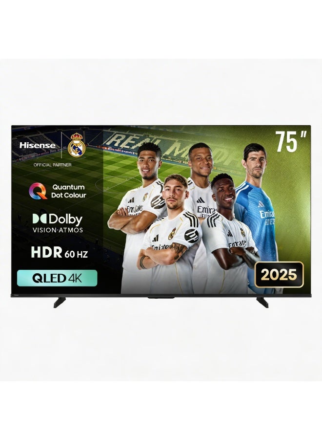 هايسنس تلفاز ذكي QLED 4K بحجم 75 بوصة، 60 هرتز، دولبي أتموس فيجن، تقنية الذكاء الاصطناعي للحركة السلسة وترقية 4K، فيدا، تحكم صوتي - Image 1