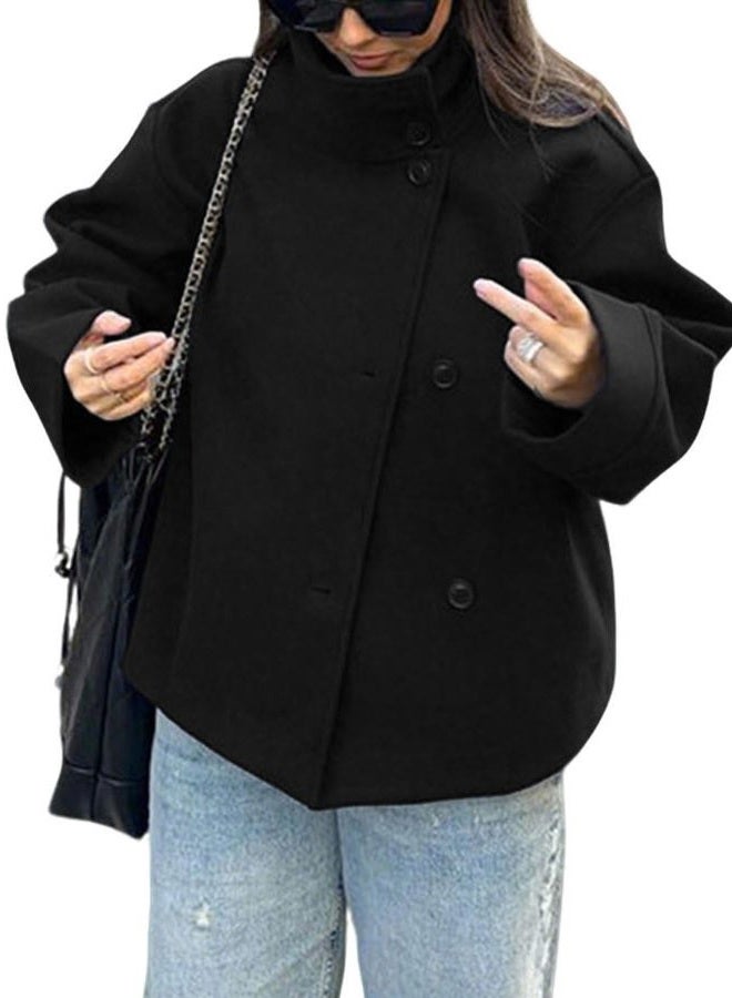 CHARTOU Women Crop Pea Coat Wool Blend Winter Loose Casual Short Jacket Outwear, Black, S - Image 1