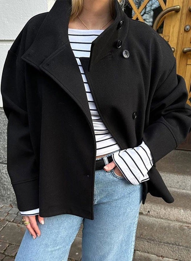 CHARTOU Women Crop Pea Coat Wool Blend Winter Loose Casual Short Jacket Outwear, Black, S - Image 2