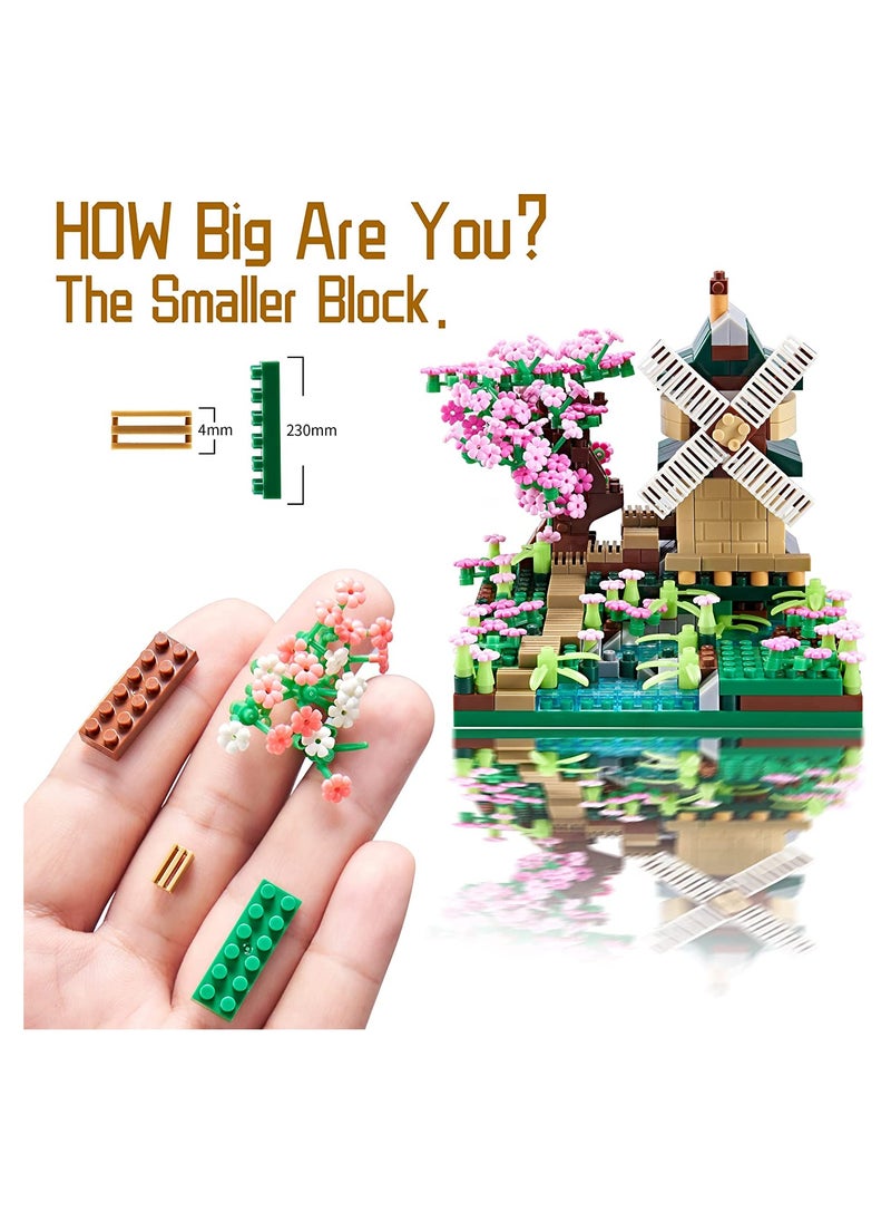 Architecture River Windmill Sakura Tree Plants Set Building Bricks Toy Trees Flowers for Girls, a Creative DIY Cherry Blossom Micro Block Model Kit Gift for Kids and Adults (600 pcs with 2 Figure)  - Image 4
