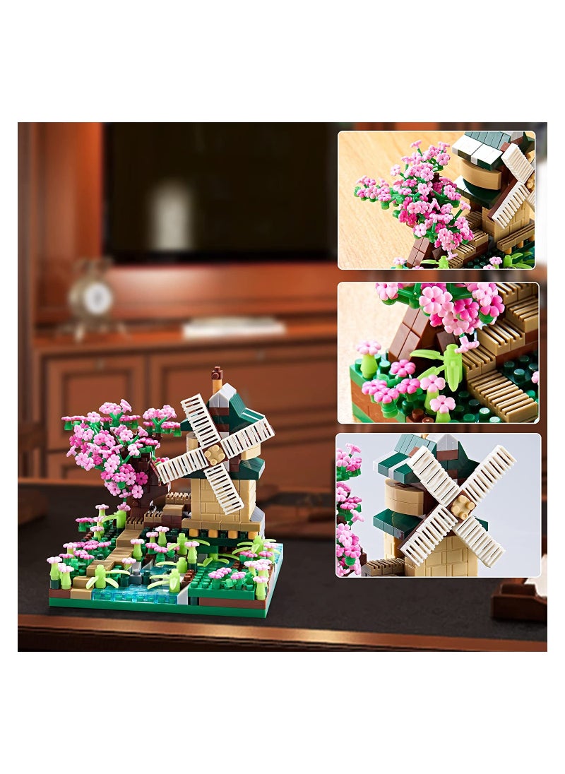 Architecture River Windmill Sakura Tree Plants Set Building Bricks Toy Trees Flowers for Girls, a Creative DIY Cherry Blossom Micro Block Model Kit Gift for Kids and Adults (600 pcs with 2 Figure)  - Image 2