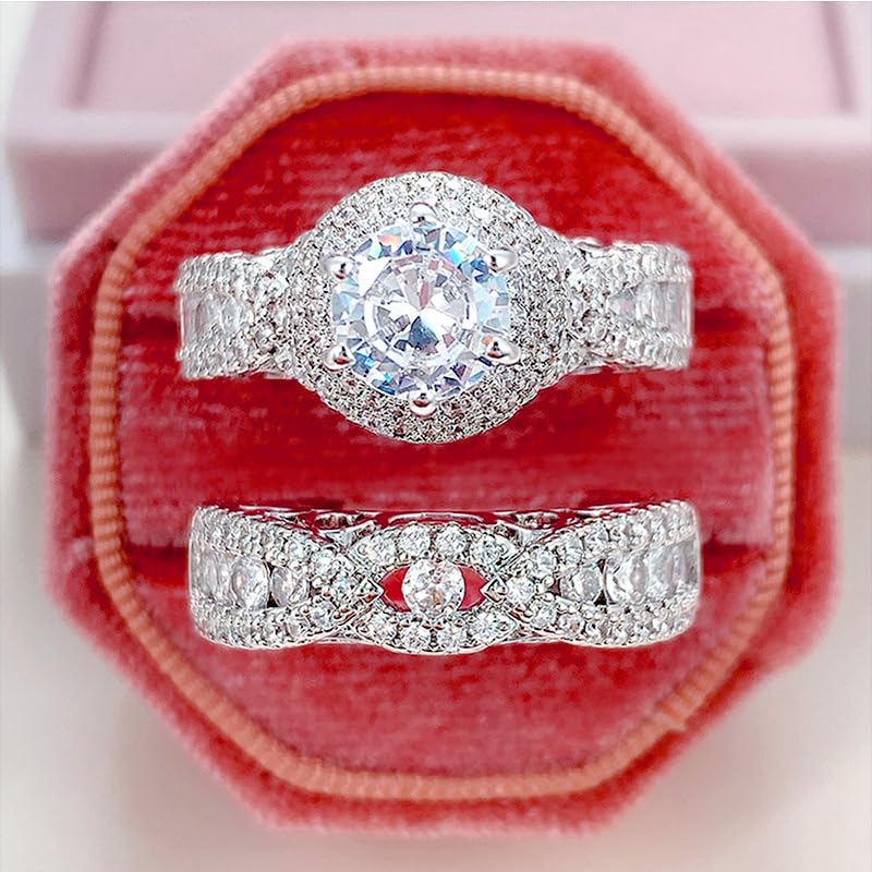 RKKOJJO 925 Sterling Silver Bridal Rings Sets AAA Cubic Zirconia CZ Full Diamond Engagements Rings Wedding 2 Pcs Promise Anniversary White Gold Rings for Women Size 7 - Image 4