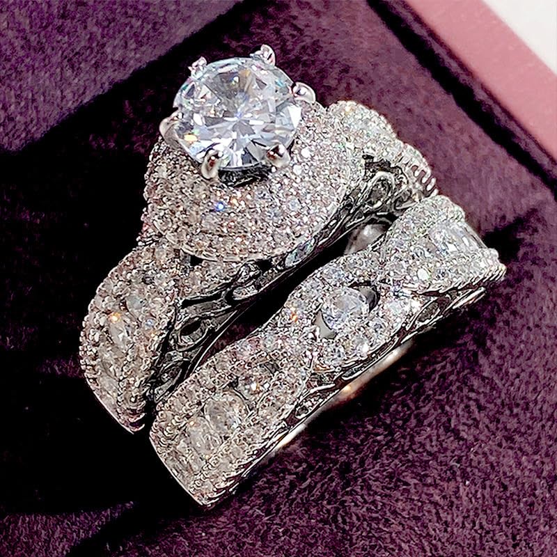 RKKOJJO 925 Sterling Silver Bridal Rings Sets AAA Cubic Zirconia CZ Full Diamond Engagements Rings Wedding 2 Pcs Promise Anniversary White Gold Rings for Women Size 7 - Image 2