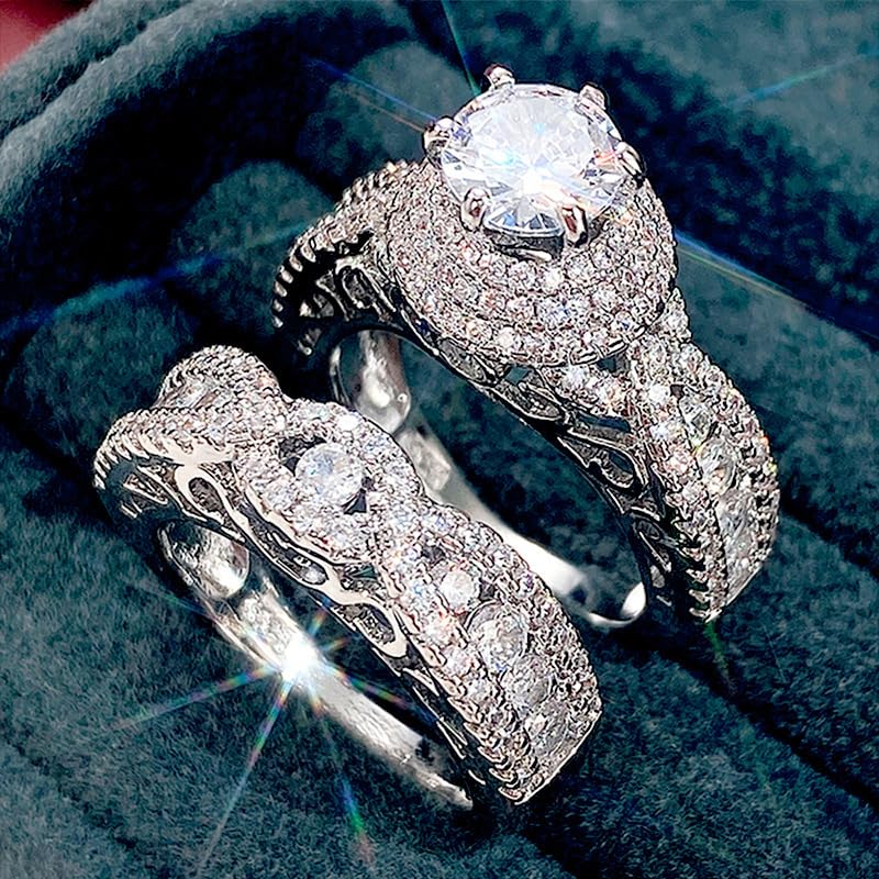 RKKOJJO 925 Sterling Silver Bridal Rings Sets AAA Cubic Zirconia CZ Full Diamond Engagements Rings Wedding 2 Pcs Promise Anniversary White Gold Rings for Women Size 7 - Image 3