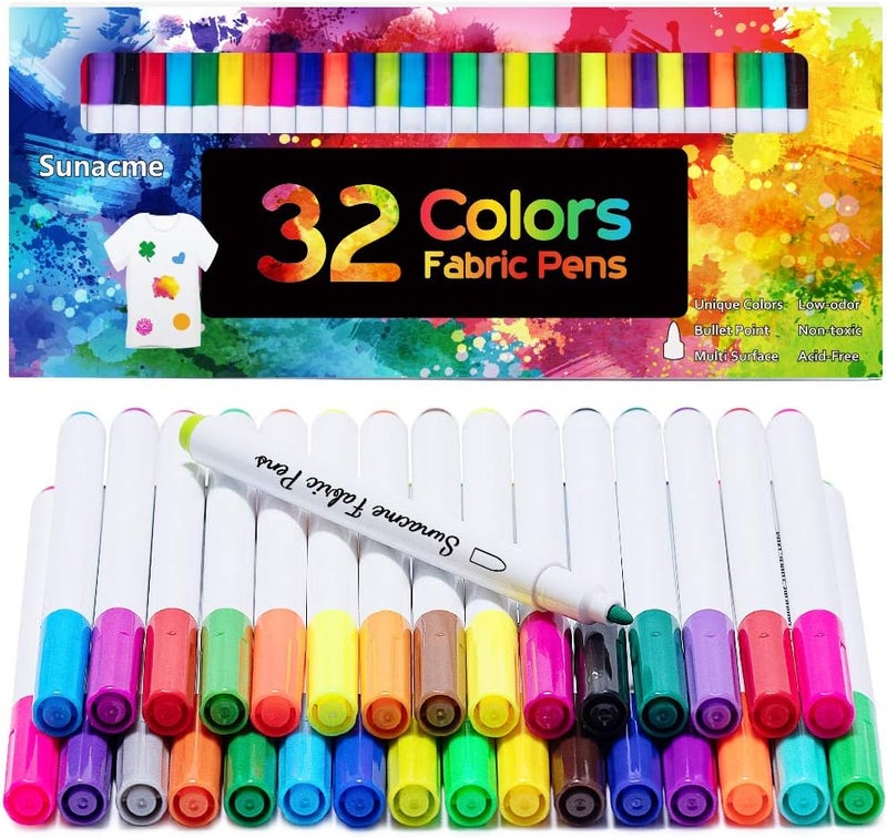 sunacme Fabric Markers Pen, 32 Colors Permanent Fabric Paint Pens for T-Shirt, Fine Tips Art Marker Set for Canvas Bags Hats Sneakers and Textiles - Image 1