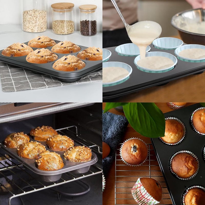 Duomama Steel Muffin Pan - Bake Cupcakes and Cheesecakes! Non-Stick Baking Tools. 2 Packs, 6 Cups Each. Black - Image 2