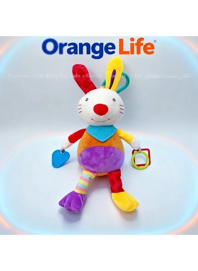 Orange Life Baby Bunny Plush Sensory Activity Toy with Multiple Teethers, Colourful Fabric Tags, Grasping Rings and Hanging Clip for Stroller, Crib and Car Seat, Infants 3 Months+ - Image 1