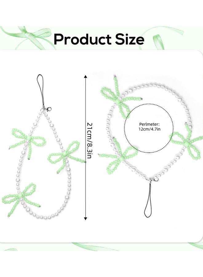 2 Pcs Elegant Beaded Pearl Phone Charms Strap Cute Bowknot Chain Aesthetic Universal Cell Phone Lanyard Wrist Strap Accessories for Wallets Car Key  ID Cards Bag Airpods Camera Pendants Decor,Pink and Green - Image 4