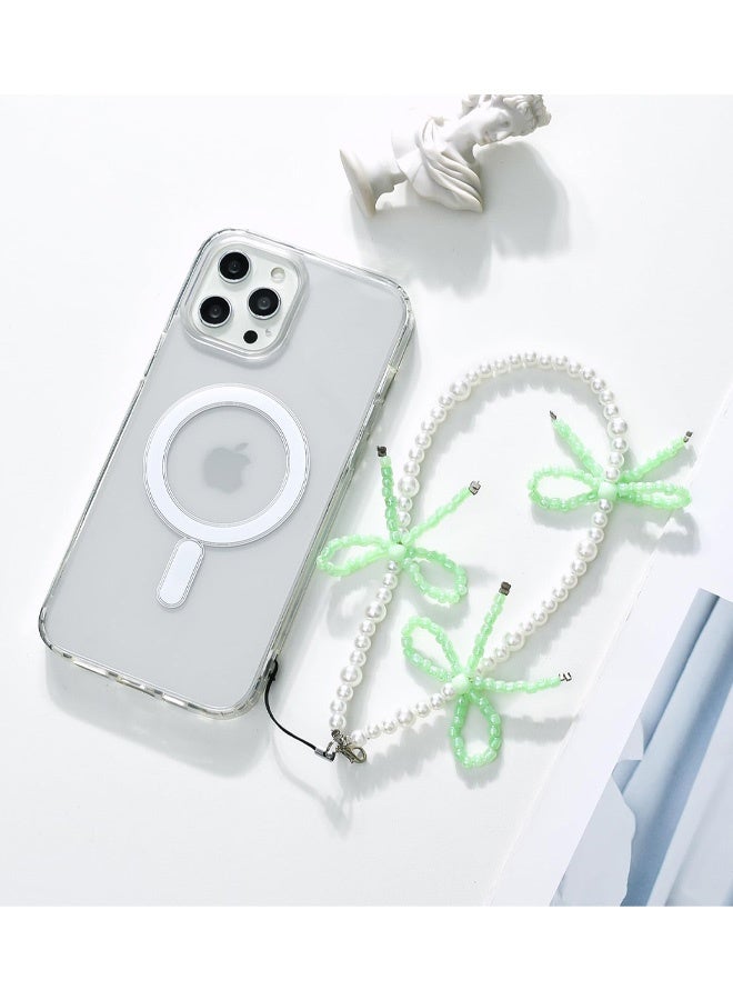 2 Pcs Elegant Beaded Pearl Phone Charms Strap Cute Bowknot Chain Aesthetic Universal Cell Phone Lanyard Wrist Strap Accessories for Wallets Car Key  ID Cards Bag Airpods Camera Pendants Decor,Pink and Green - Image 3