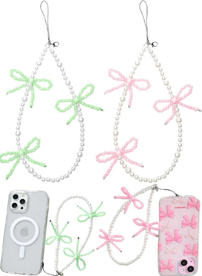2 Pcs Elegant Beaded Pearl Phone Charms Strap Cute Bowknot Chain Aesthetic Universal Cell Phone Lanyard Wrist Strap Accessories for Wallets Car Key  ID Cards Bag Airpods Camera Pendants Decor,Pink and Green - Image 1