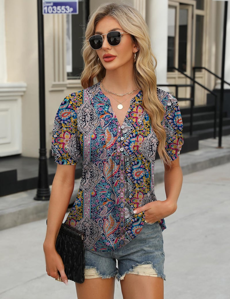 IECCP Womens Boho Tops Puff Short Sleeve Shirts Dressy Casual Blouses Pleated V Neck Button Down Tunic Tops to Wear with Leggings (Ethnic Print,XL) - Image 3