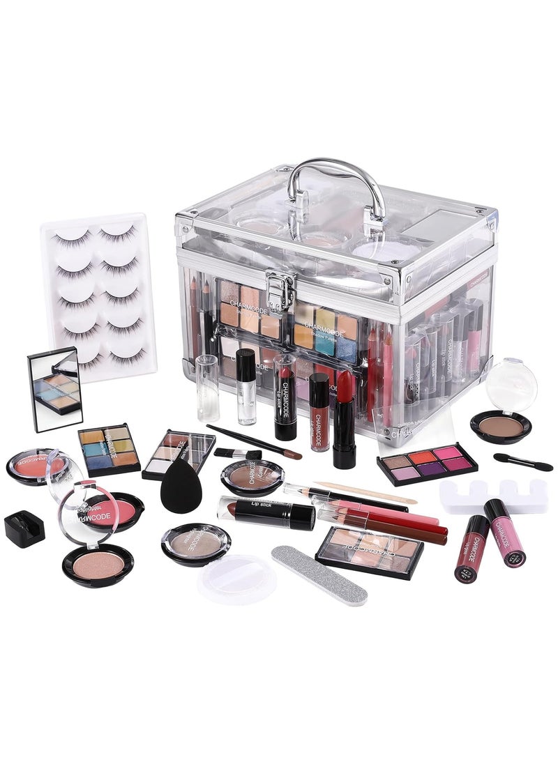 CHARMCODE Makeup Kit for Women Full Kit - Eyeshadow Palette, Lipsticks, Lipgloss, Blushes, Contour, Highlighters, Makeup Pencil, False Eyelashes, Re-usable Train Case Gift Set for Teen Girls Starters Pros 