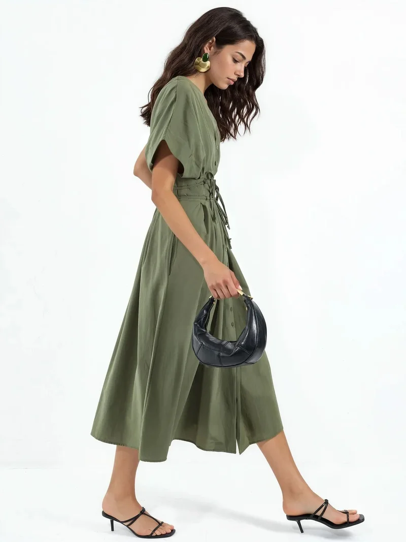 بوسيم BUSEM Casual V-Neck Midi Shirt Dress
